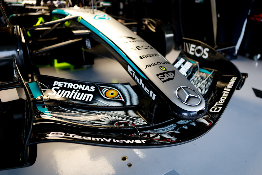 Close-up of Mercedes Formula 1 car front section
